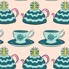 Vintage tea party (large scale) - 50s style kitchen themed print with teacups and teapots