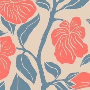 Japanese Kerria Rose in Red and Blue | Small Version | Chinoiserie Style Pattern at an Asian Teahouse Garden
