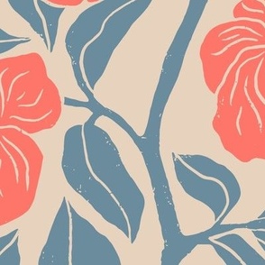 Japanese Kerria Rose in Red and Blue | Medium Version | Chinoiserie Style Pattern at an Asian Teahouse Garden