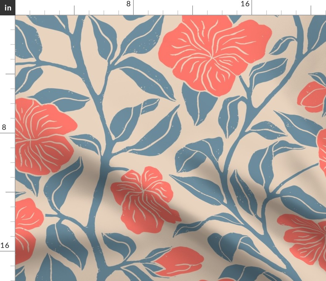 Japanese Kerria Rose in Red and Blue | Medium Version | Chinoiserie Style Pattern at an Asian Teahouse Garden