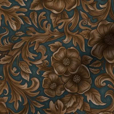 Floral Western carved and  tooled look faux leather Dark Teal