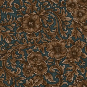 Floral Western carved and  tooled look faux leather Dark Teal