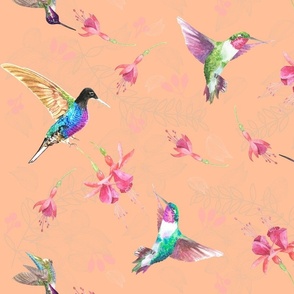 (Med) Hummingbirds and Fuchsia flowers on Peach Fuzz color