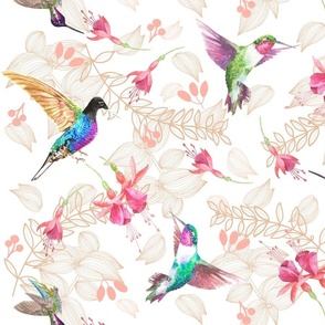 (Med.) Hummingbirds and Fuchsia flowers on white