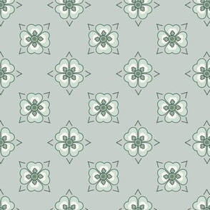French country simple geometric floral pattern in soft green hues, medium scale