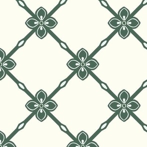 French Provincial  diagonal garden trellis with simple geometric flower dark green on natural white