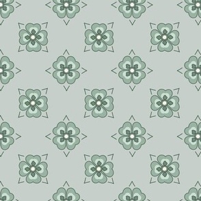 French country simple geometric floral pattern in soft green color palette on light duck egg green, medium scale