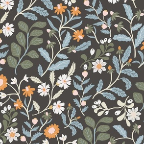 LARGE-Verdant Botanicals & white and orange Florals on a dark background