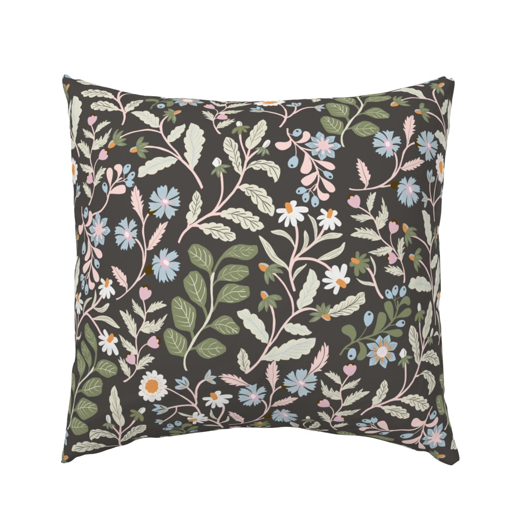 LARGE-Verdant Botanicals & light blue, white and pink Florals on a dark brown