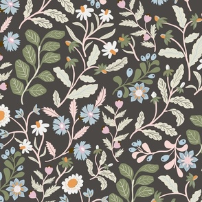 LARGE-Verdant Botanicals & light blue, white and pink Florals on a dark brown