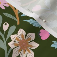 LARGE-Verdant Botanicals & Untamed pink and white Florals on dark green