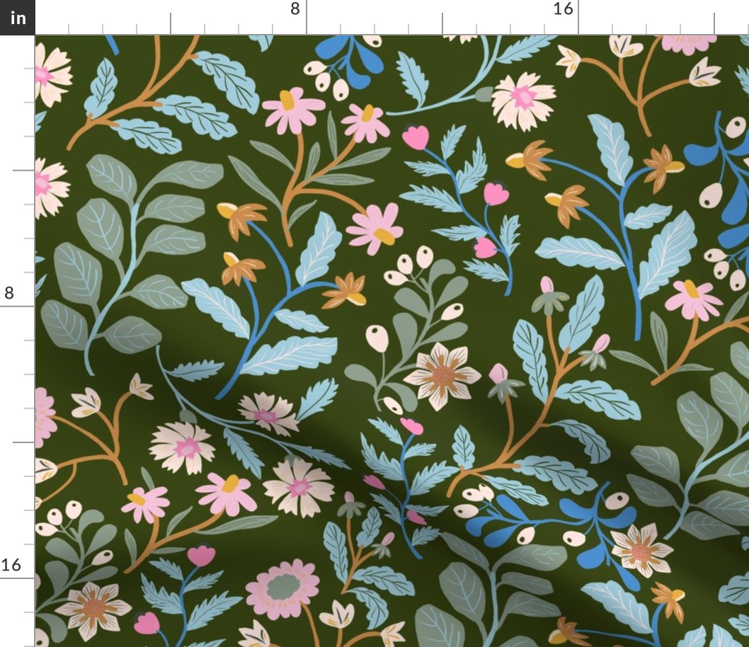 LARGE-Verdant Botanicals & Untamed pink and white Florals on dark green