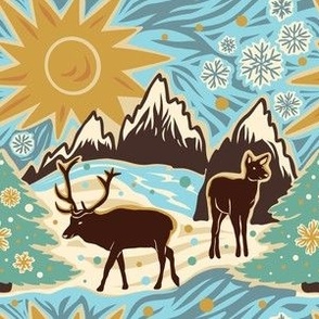 Winter landscape with deer, sun, snowy mountains. Apricity - Small scale