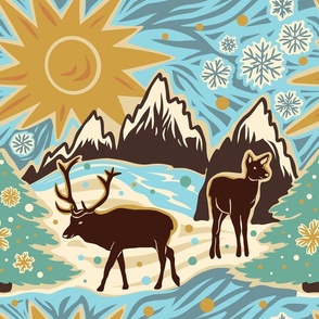 Winter landscape with deer, sun, snowy mountains. Apricity - Large scale