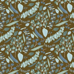 Botanical Leaves and Branches - Teal and Brown - Large  Wallpaper