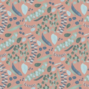 Botanical Leaves and Branches - Teal and Peach - Large  Wallpaper