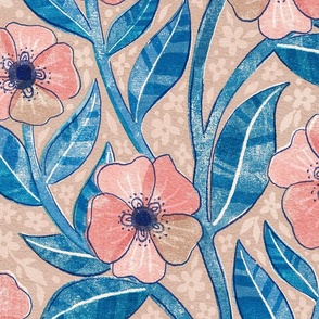 Blush, Blue and Tan Block Print Floral Extra Large