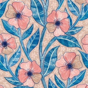 Blush, Blue and Tan Block Print Floral Large