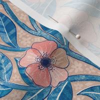 Blush, Blue and Tan Block Print Floral Medium