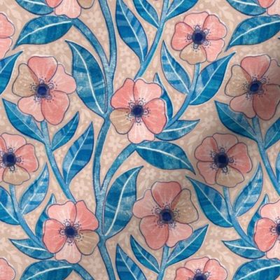 Blush, Blue and Tan Block Print Floral Medium