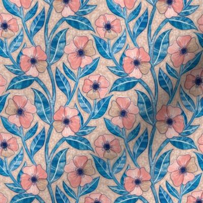 Blush, Blue and Tan Block Print Floral Small
