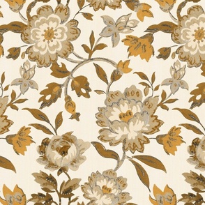  Vintage Hand Painted Botanical Flower Chinoiserie Garden - gold brown and beige 