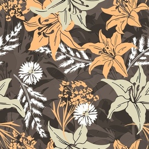 Floral cool dark brown orange beige