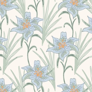 (M) Light Blue Lily Wildflower Harmony  on Ecru White