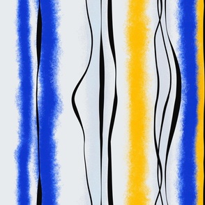 Bold irregular summerly yellow and cobalt blue wavy stripes, watercolor and black ink, large
