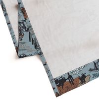 Wild West Scene with Cowboys/ Horses - Denim Blue