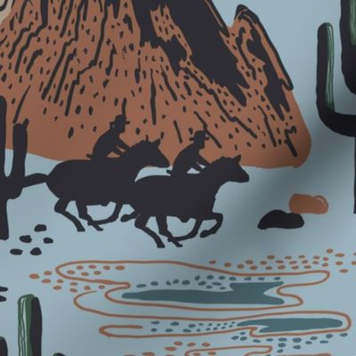 Wild West Scene with Cowboys/ Horses - Denim Blue