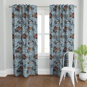 Wild West Scene with Cowboys/ Horses - Denim Blue