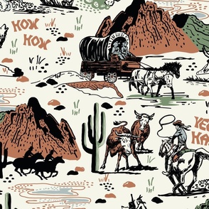 Wild West Scene with Cowboys/ Horses - Off White