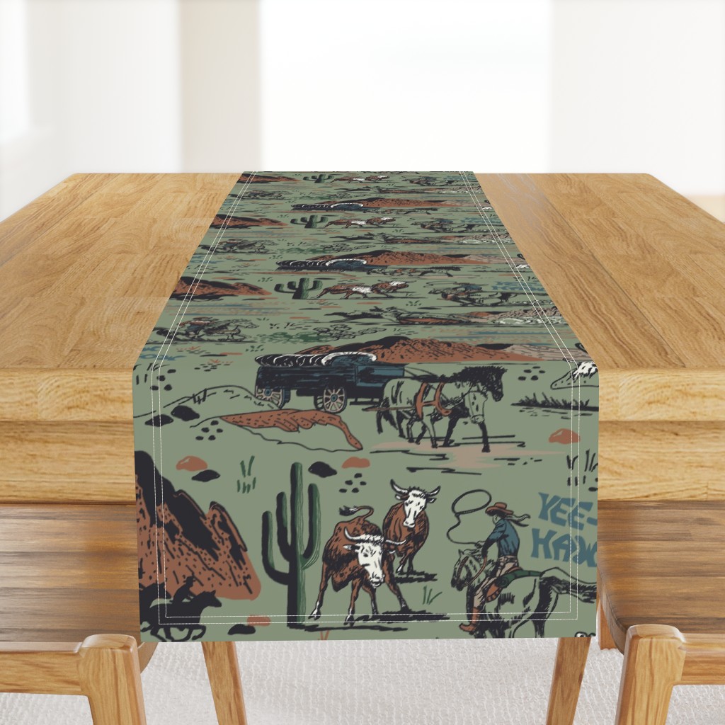 Wild West Scene with Cowboys/ Horses - Sage Green