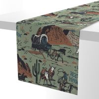 Wild West Scene with Cowboys/ Horses - Sage Green