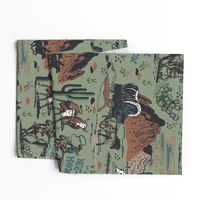 Wild West Scene with Cowboys/ Horses - Sage Green