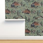 Wild West Scene with Cowboys/ Horses - Sage Green