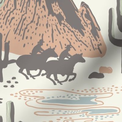Wild West Scene with Cowboys/ Horses - Pastel Blue/ Ecru