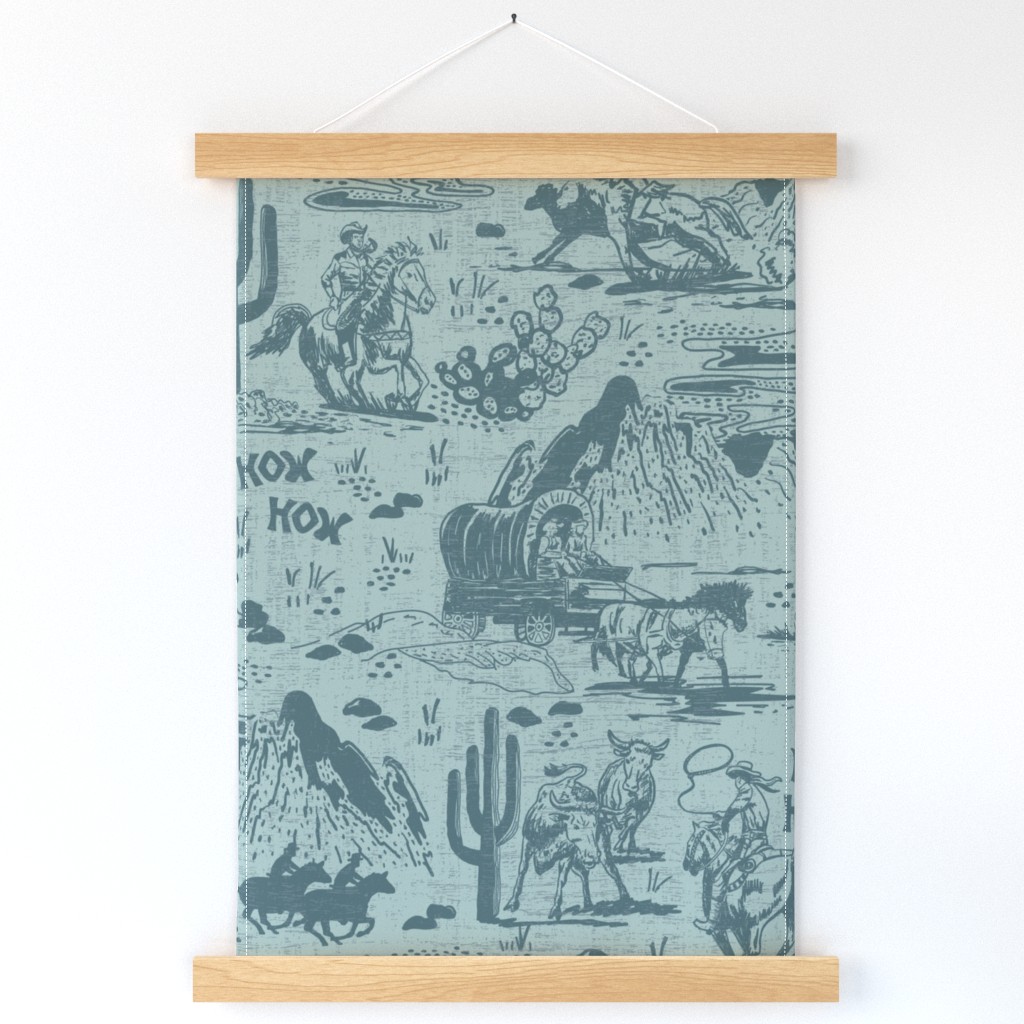 Wild West Scene with Cowboys/ Horses - Denim Blue