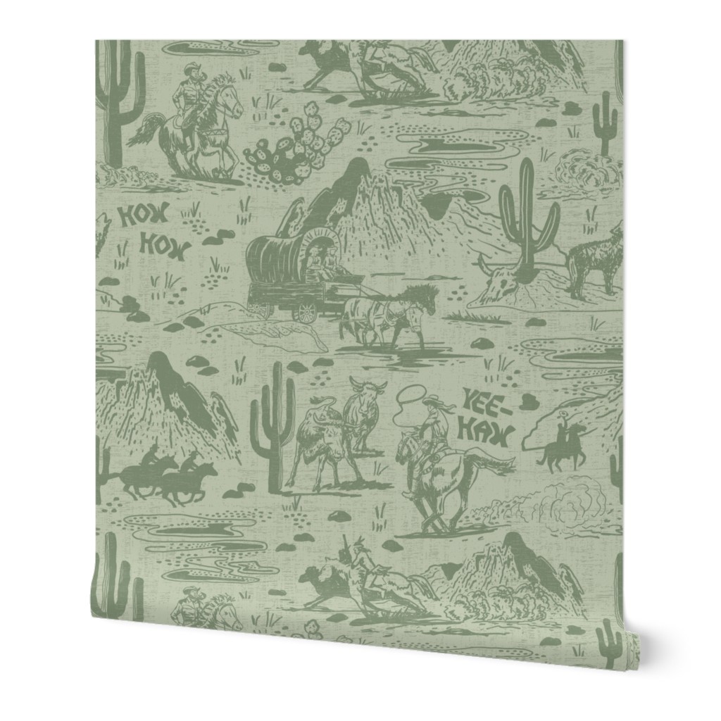 Wild West Scene with Cowboys/ Horses - Sage Green