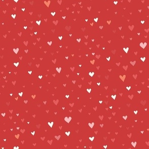 Valentine's Love: Ditsy Pink Coral White Heart Sprinkles on Red Background