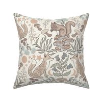 (L) Forest animals fox and squirrel, wildflowers Pastel blue on Ecru