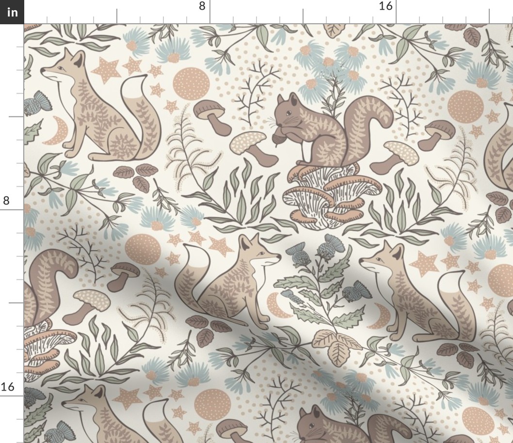 (L) Forest animals fox and squirrel, wildflowers Pastel blue on Ecru