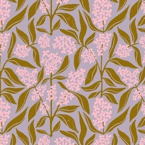 Osmanthus Devilwood  Flower in Pink and Mustard  | Small Version | Chinoiserie Style Pattern at an Asian Teahouse Garden