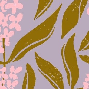 Osmanthus Devilwood  Flower in Pink and Mustard  | Medium Version | Chinoiserie Style Pattern at an Asian Teahouse Garden