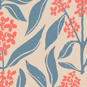 Osmanthus Devilwood  Flower in Red and Blue  | Small Version | Chinoiserie Style Pattern at an Asian Teahouse Garden