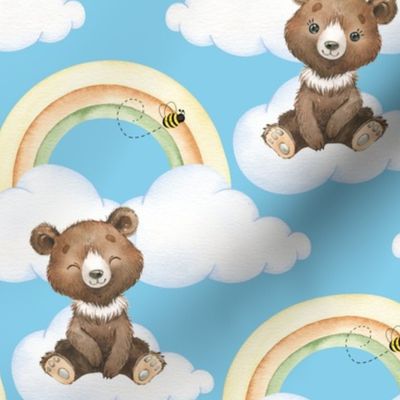 Rainbow Clouds Blue Sky Bee Bear Baby Nursery 