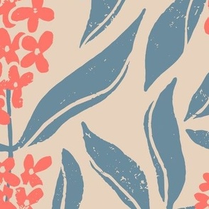 Osmanthus Devilwood  Flower in Red and Blue  | Medium Version | Chinoiserie Style Pattern at an Asian Teahouse Garden