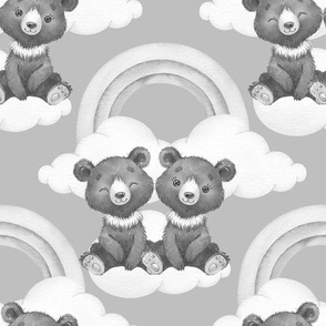 Gray Rainbow Clouds Twin Bears Baby Nursery 