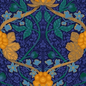  Botanical seamless pattern with flowers and berries in green, yellow and blue colors